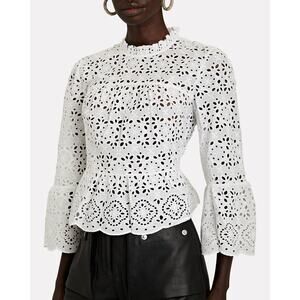 Veronica‎ Beard Emmalyn Eyelet Blouse White Sz 8 Lace Ruffles Flare Sleeves Chic